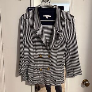 Cabi Navy and White Striped Blazer with Gold Buttons